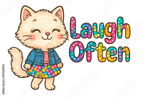 Cute cartoon cat character wearing a denim jacket and colorful skirt with the words Laugh Often in a playful font