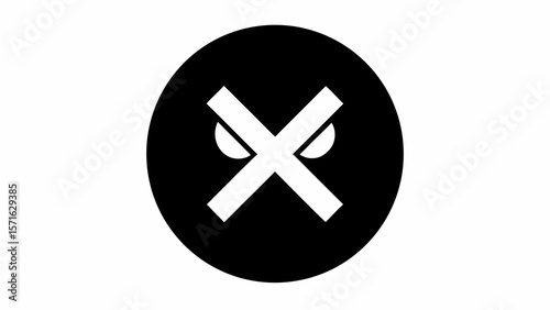 black and white cross mark with stylized eyes icon isolated on white background.