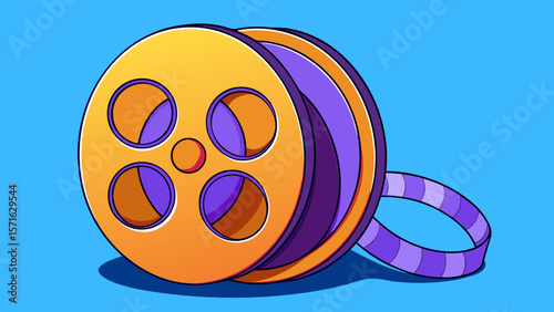 golden and purple film reel unwinding isolated on white background.