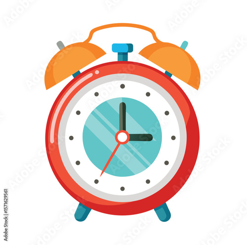 Classic alarm clock illustration with bold red hands and numbers isolated on white background