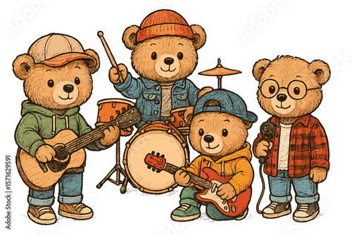 Four playful bears performing music in a fun band setting with instruments and colorful attire