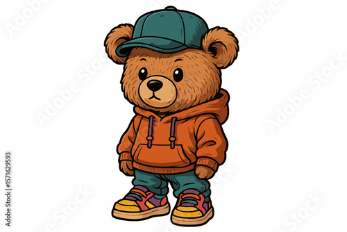 Cute bear wearing a cap and stylish outfit stands confidently in a vibrant urban setting ready for adventure