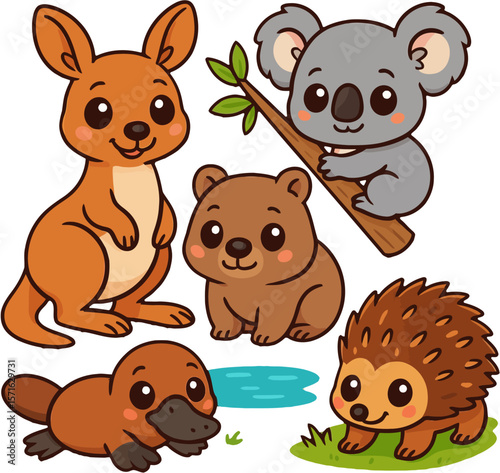 Adorable Australian Animals Kangaroos, Koalas, Wombats, Echidnas, and Platypuses - Cartoon Illustration