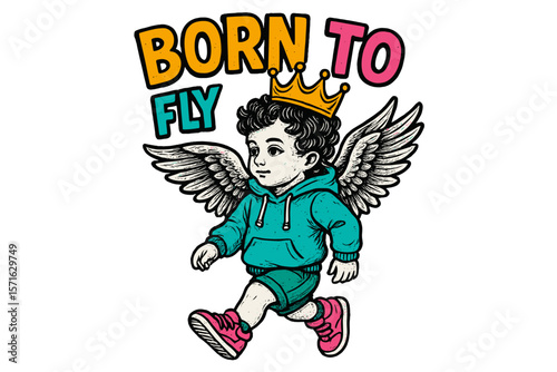 Child with wings walks confidently, expressing a spirit of adventure and freedom in vibrant colors