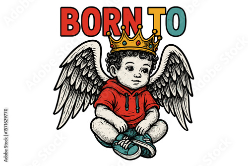 Unique design featuring a crowned angelic child with wings sitting down, showcasing creativity and innocence in a playful composition