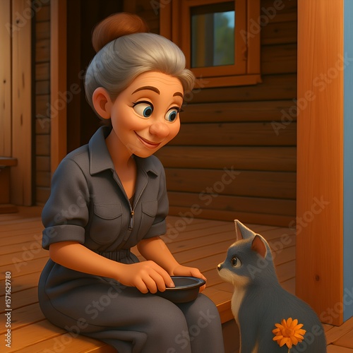An elderly woman gently caring for kittens. A cozy and heartwarming scene of tenderness and affection.
