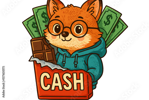 Cute cartoon character with a cash box and chocolate bars, showcasing fun design elements in a playful atmosphere