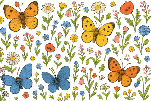 Colorful butterflies surrounded by vibrant wildflowers in a nature-inspired illustration