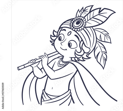 Indian God Lord Krishna Flute Playing Clip Art – Black and White Vector. 