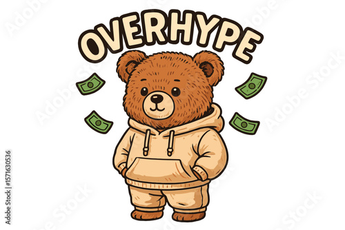 Cute cartoon bear in a hoodie surrounded by money symbols expressing excitement about overhyped trends