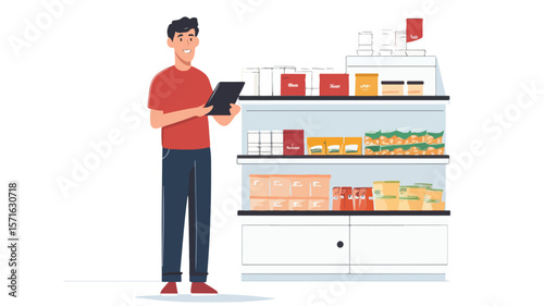 Grocery Store Clerk Using Tablet: Efficient Modern Retail Technology Concept