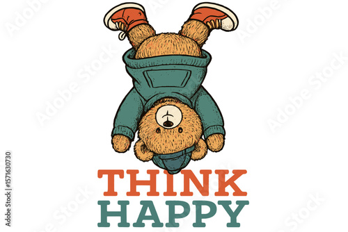 Cute bear wearing a hoodie upside down promoting a positive mindset in bright colors