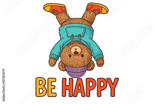 Cute bear upside down wearing hoodie and hat conveys message to be happy with vibrant colors in an uplifting design