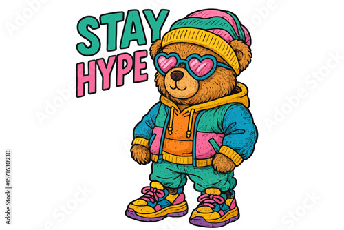 Bear character wearing vibrant streetwear in a playful, colorful design with sunglasses and a motivational phrase