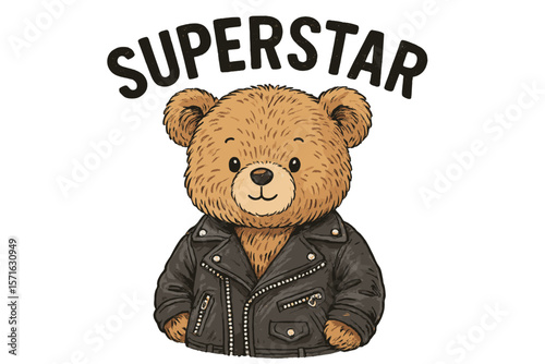 Cute bear character in a leather jacket with a superstar theme, showcasing a fun and playful personality