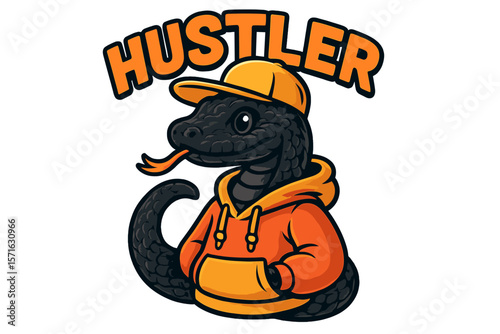 Hustler reptile character in orange hoodie and cap showcases urban spirit in creative design