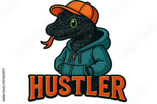 Stylish snake character wearing a hoodie and cap showcases a hustler attitude with vibrant colors and bold lettering