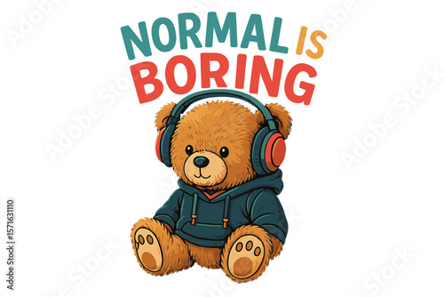 Cute bear character wearing headphones promotes fun and creativity over normality during a playful art session