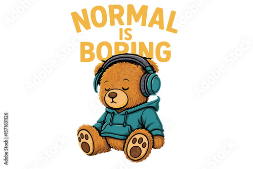 Cute bear in headphones wearing a hoodie expresses a fun message about individuality and creativity in a playful design