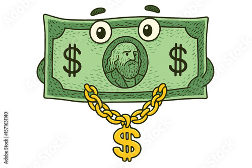 Cartoon representation of a dollar bill wearing a chain with a pendant in a fun and creative design