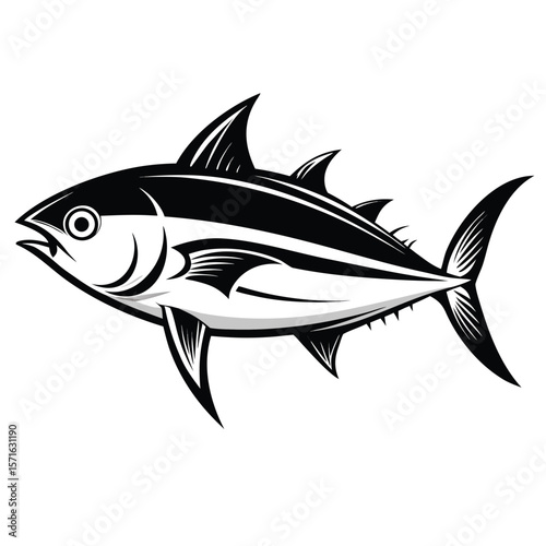 Stylized monochrome illustration featuring a tun fish or tuna fish isolated on white background