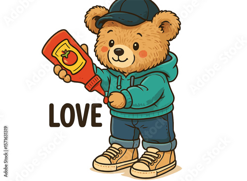 Cute bear character in casual outfit joyfully squirting ketchup with a playful expression