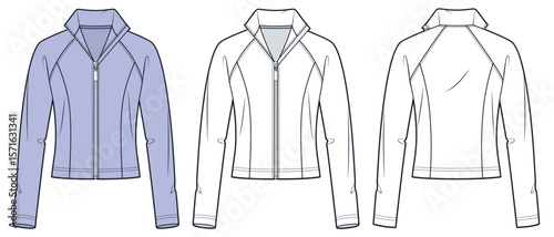 Zip-up fitted Jacket technical fashion illustration. Raglan Sleeve Jacket fashion flat technical drawing template, fitted, high collar, front, back view, white, lilac, women, men, unisex CAD mockup.