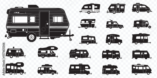 collection of camper trailers and motorhome silhouettes perfect for travel camping and outdoor adventure designs