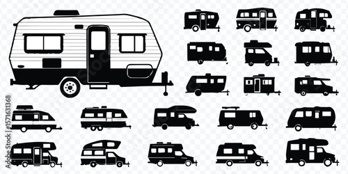 vector set of diverse rv silhouettes including camper vans travel trailers and motorhomes for outdoor projects