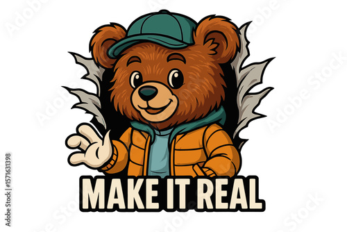 Cheerful cartoon bear wearing a jacket waves while promoting creativity and authenticity in a friendly manner