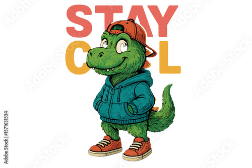 Colorful cartoon dinosaur character wearing a hoodie and cap promotes a fun and relaxed vibe in a vibrant design