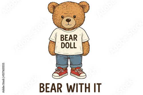 Cute teddy bear wearing a shirt and shorts stands with a playful expression, embracing a fun and welcoming vibe