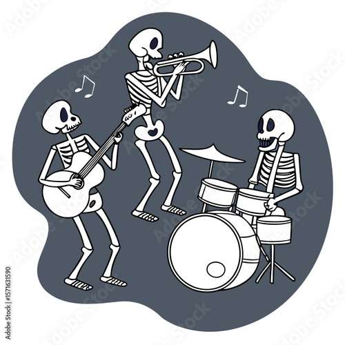 A lively cartoon illustration of three skeletons playing musical instruments together as a band featuring a guitarist a trumpeter and a drummer