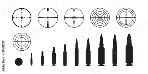 precision weapons vector pack featuring sniper scope reticles bullet silhouettes for digital illustration use