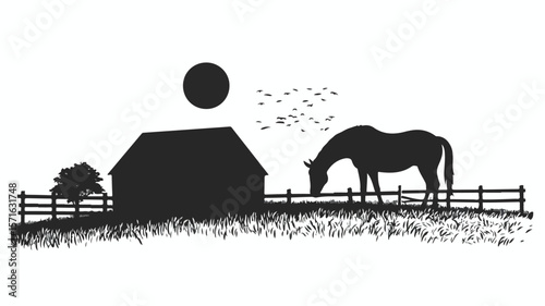 Silhouette of Horse Eating at Farm in Simple Flat Vector Style