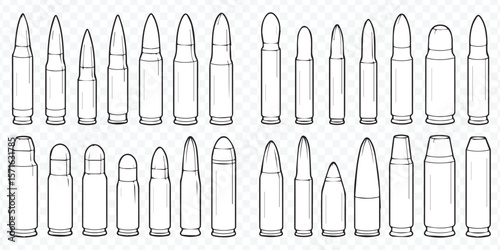 high quality bullet vector set with diverse calibers and cartridge shapes for military, hunting and graphic design