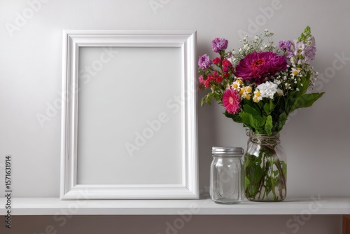 Display of a white frame mockup alongside a vibrant bouquet of flowers in a glass vase on a wooden shelf in a modern interior setting