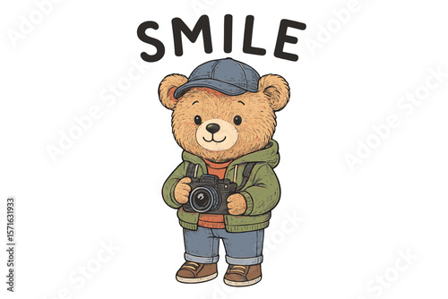 Bear holding camera encourages smiles in cheerful cartoon illustration with playful design elements