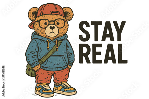 Cute bear character wears hoodie and cap while promoting a positive message of being authentic