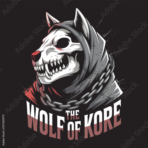 Skull faced wolf in a hooded cloak with intense eyes and bold gothic text vector illustration.