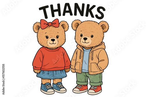 Two cute teddy bears expressing gratitude with cheerful expressions and stylish outfits in a simple, colorful design