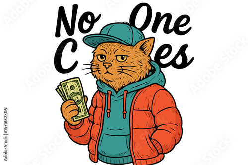 Cool cat character with cash in a stylish outfit, portraying confidence and attitude in urban street art
