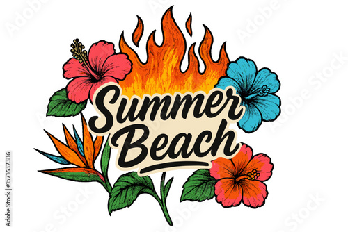 Summer beach artwork featuring bright flowers and vibrant flames in a tropical style