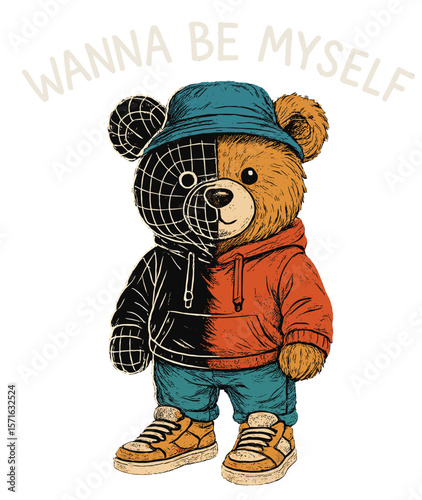 Cute bear character in a vibrant outfit expressing individuality in a playful style