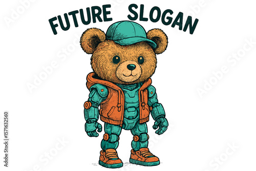Cute bear in robot suit wearing cap and hoodie showcases creativity in unique design and style