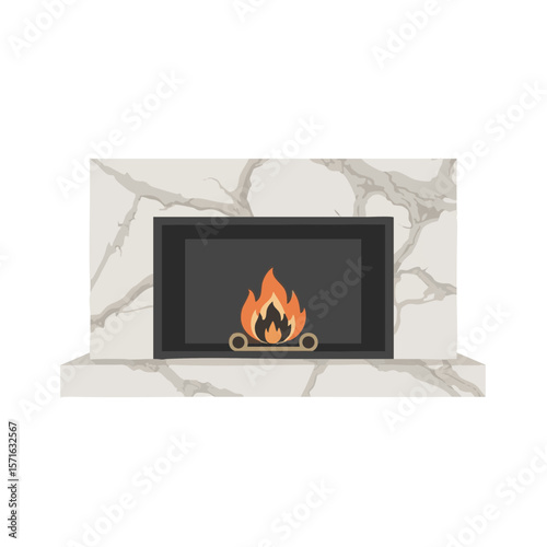 Modern Rectangular Fireplace in Marble Frame with Veined Texture, Flat Icon