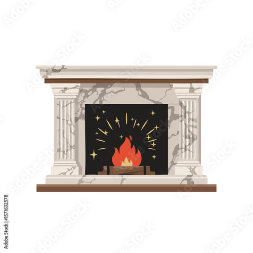 Square Fireplace with Marble Columns and Decorative Sparkle Lines, Flat Icon