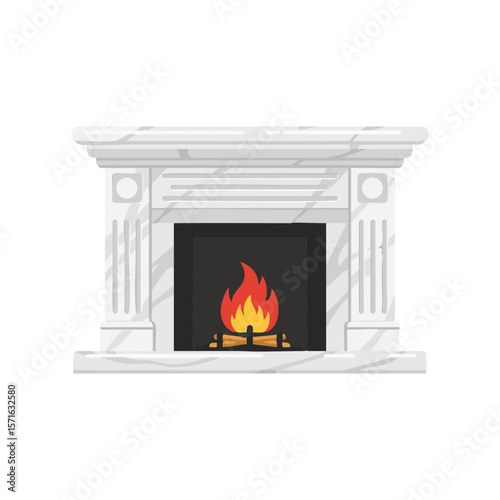 Classic Fireplace with White Marble Mantel and Stylized Flame, Flat Icon