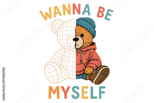 Bear character illustration showcases the theme of self-identity and creativity, blending realism with a playful design