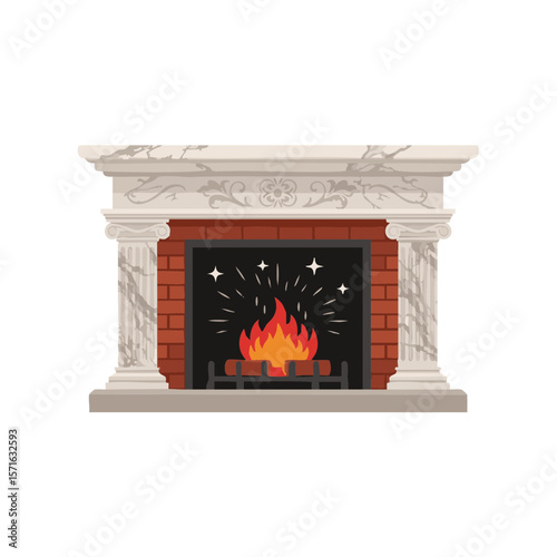 Square Fireplace with Marble Columns and Decorative Sparkle Lines, Flat Icon